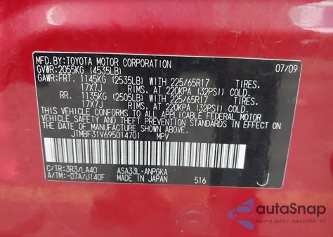 2009 Toyota Rav4 Limited z USA, uszkodzony, nr VIN JTMBF31V695014701